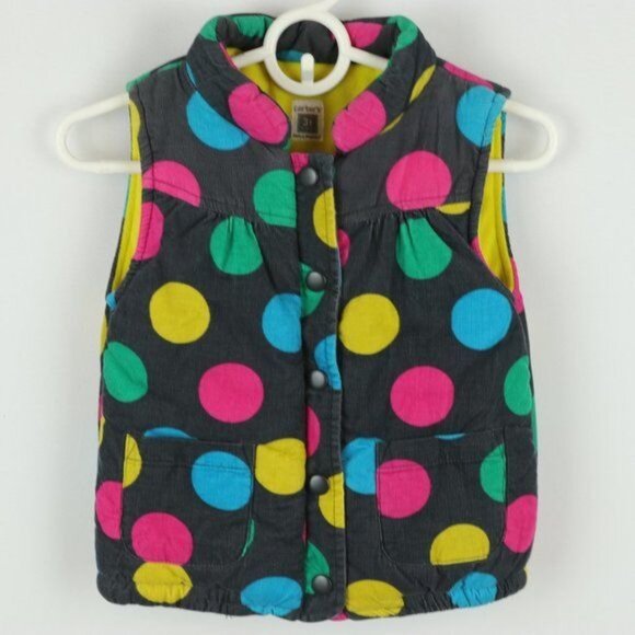Carter's Girls Size 3T Gray Yellow Polka Dot Corduroy Fleece Lined Snap Up Vest - Picture 1 of 8